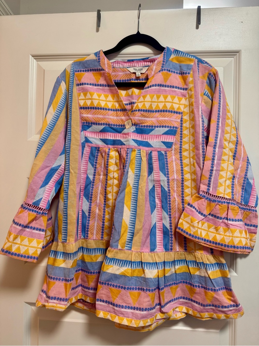 Tru Luxe Jeans Multicolor Geometric Peasant Blouse - Pink, Yellow, Blue